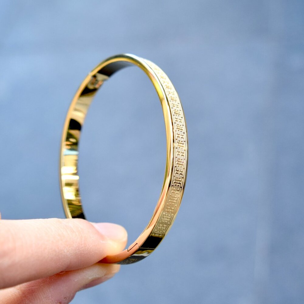 Golden Traditional Pattern Carved Bangle - Stainless Steel